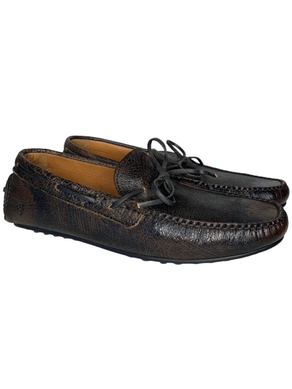 FRYE Men Size 8 Allen Tie‎ Moc Toe Brown Crackle Leather Driver Loafers Shoes